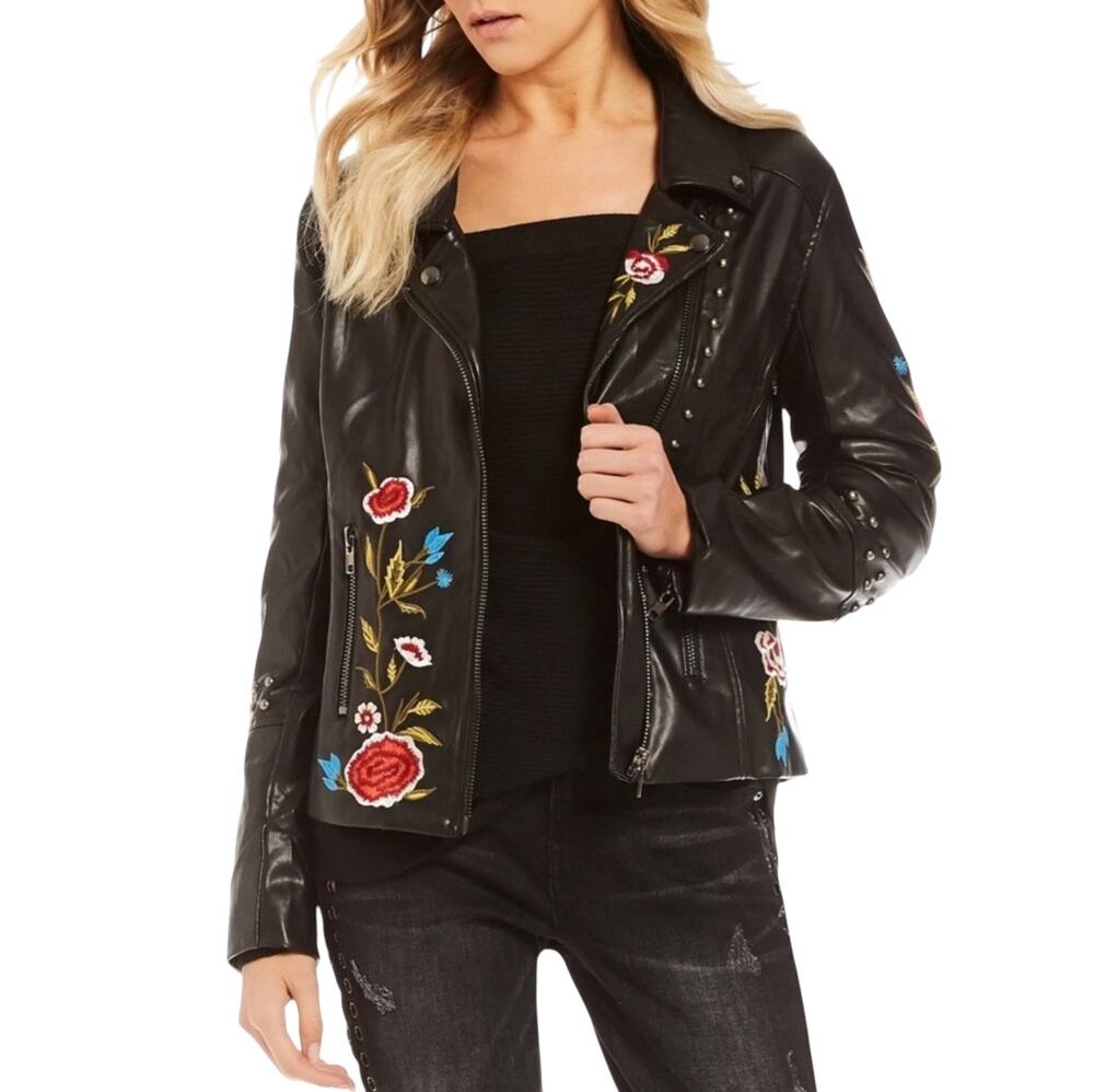 L SUGAR+LIPS Black Faux Leather Floral Embroidered Studded Moto Zipper Jacket